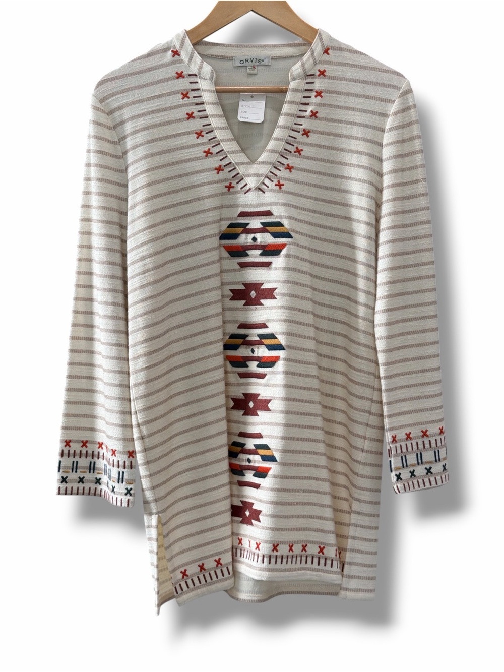 Orvis Womens Embroidered Tunic Top XS Beige Southwestern Aztec Print V-Neck